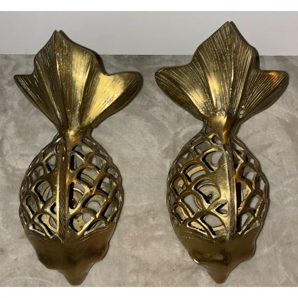 Vintage Rosenthal-Netter Brass Open Scale Hanging Koi Fish‎ Lantern Set (2)